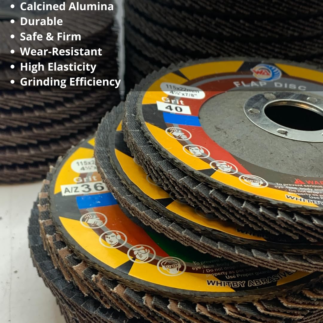 Lot de 25 disques à lamelles industriels assortis en alumine calcinée/zirconium de 4 1/2" pour ponceuse WA, grains 40/60/80/120 T29 et disque à lamelles géant grain 36
