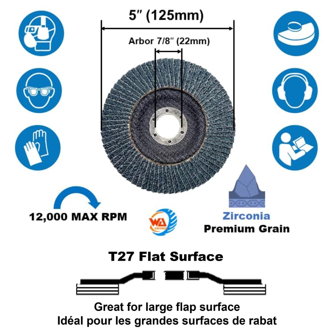 WA 10PACK - Disques à lamelles professionnels VSM Zirconia 40# de 5" x 7/8" pour ponceuse d'angle, coupe agressive, 5 pouces T27 (GRAIN 40)