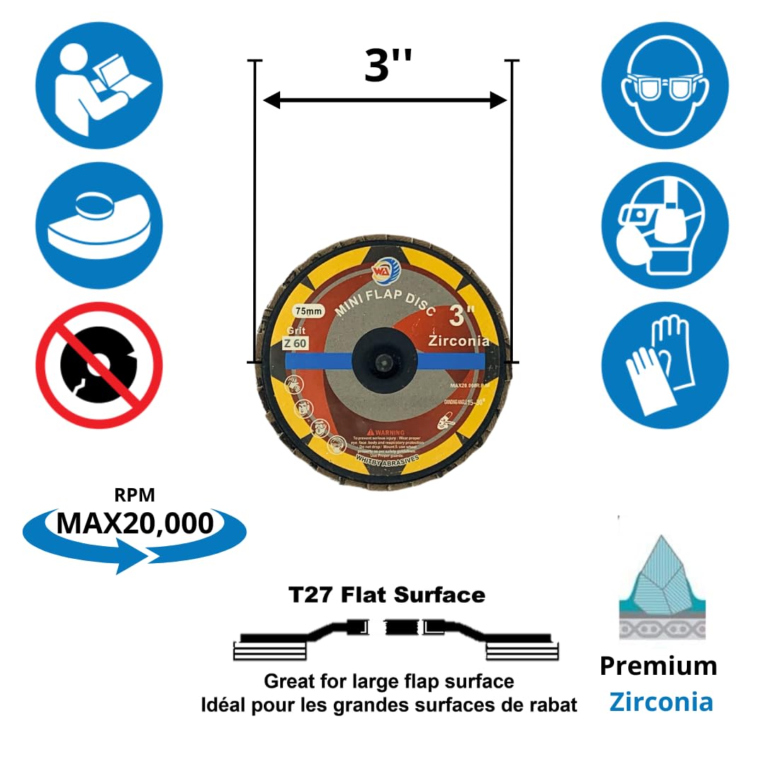 10 PACK 3" Quick Change Roll Lock Mini Zirconia Flap Discs, 60 Grit
