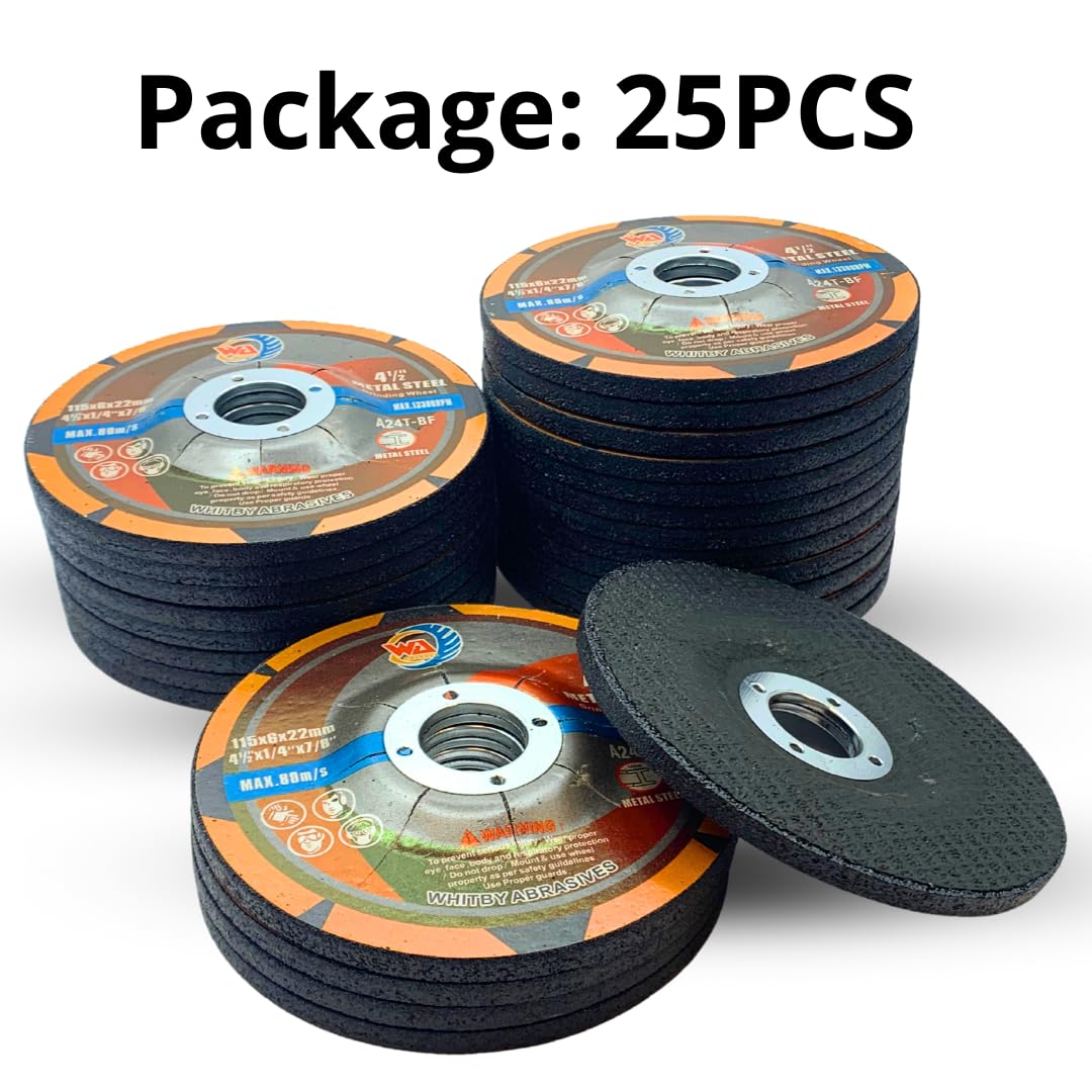 25 PACK 4-1/2" x 1/4" x 7/8" Depressed Center Grinding Wheels for Metal (Black)
