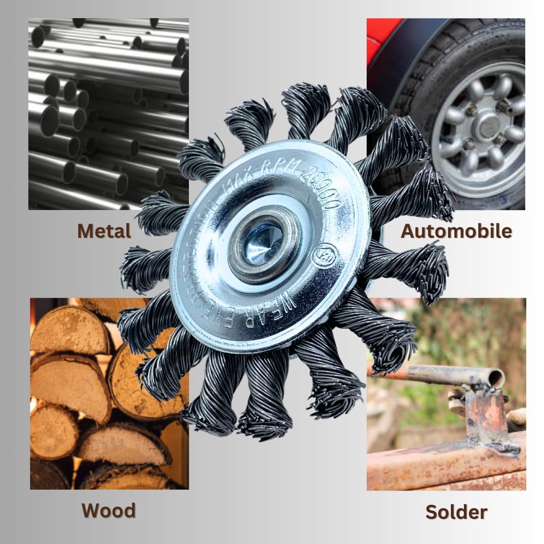 WA GRINDER Cepillo de alambre de acero trenzado anudado de 3" para taladro, vástago de 1/4", 7.6 cm, 1 unidad, grano grueso, ideal para eliminar óxido, corrosión, pintura y para desbarbar