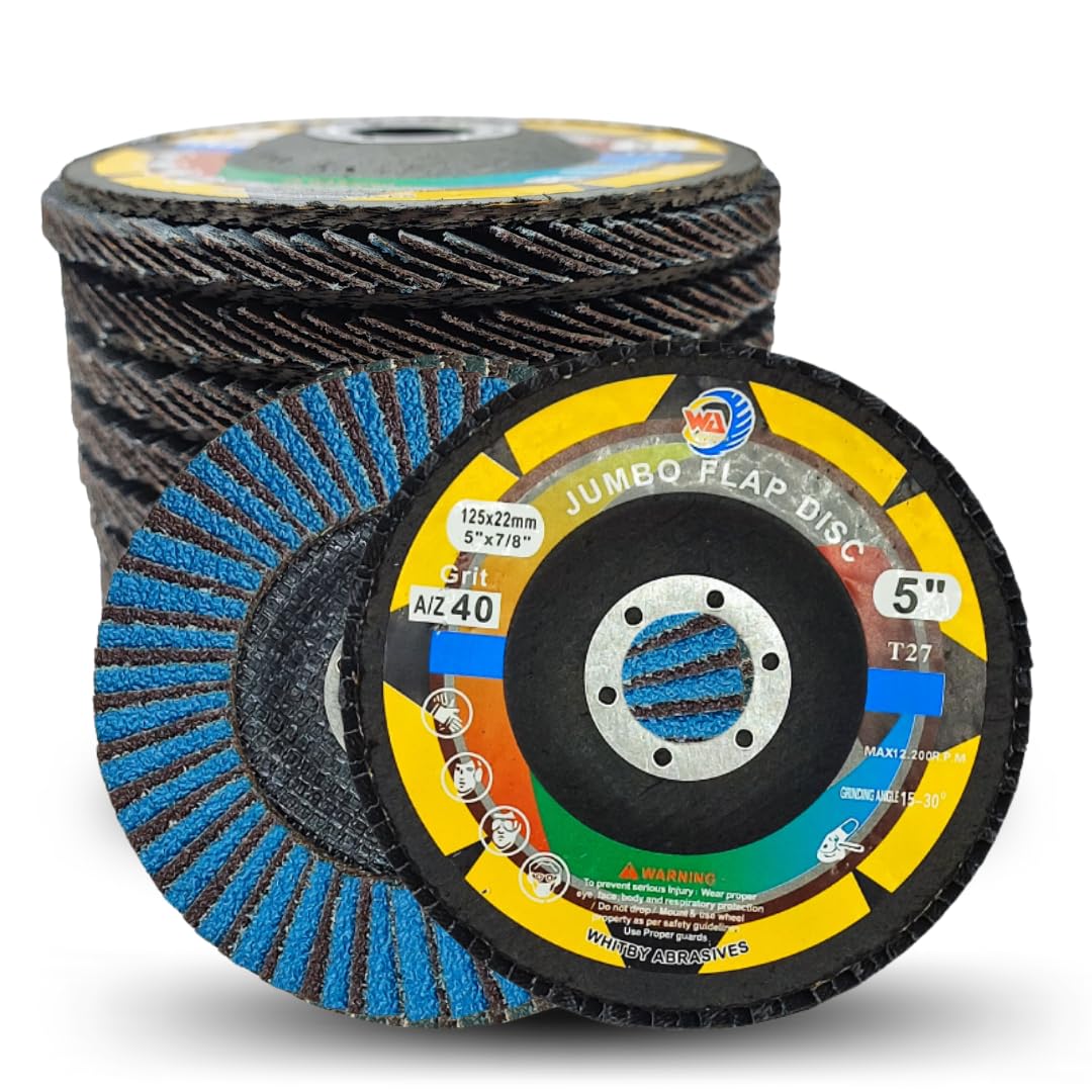 WA 10PACK- Disco de láminas jumbo de óxido de circonio y aluminio de alta densidad de 5" x 7/8", grano 40, rueda de lijado y esmerilado de grado industrial premium, para amoladora angular con corte agresivo, grano grueso 40, tipo 27