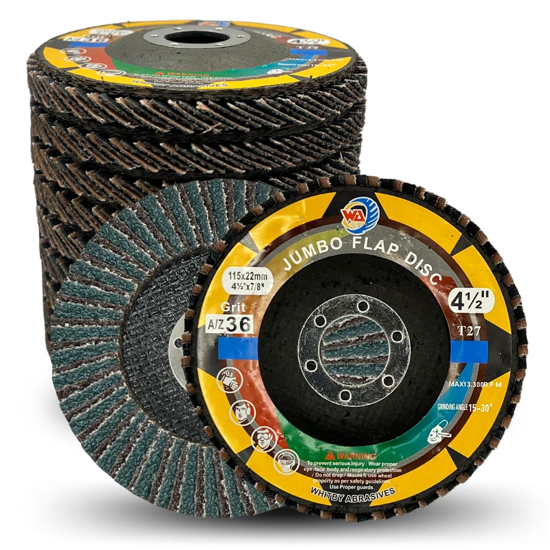 Lot de 10 disques à lamelles WA GRINDER 115 x 22 mm, 36 grains, en zircone et oxyde d'aluminium haute densité, disques de ponçage industriels, pour meuleuse d'angle, grain grossier 36, Type 27