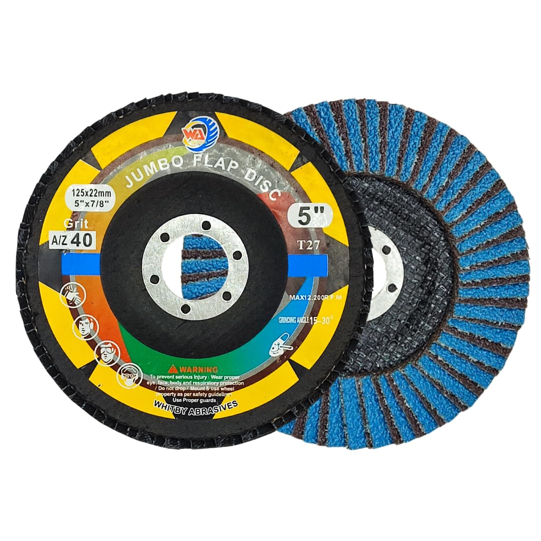 WA 10PACK- Disco de láminas jumbo de óxido de circonio y aluminio de alta densidad de 5" x 7/8", grano 40, rueda de lijado y esmerilado de grado industrial premium, para amoladora angular con corte agresivo, grano grueso 40, tipo 27